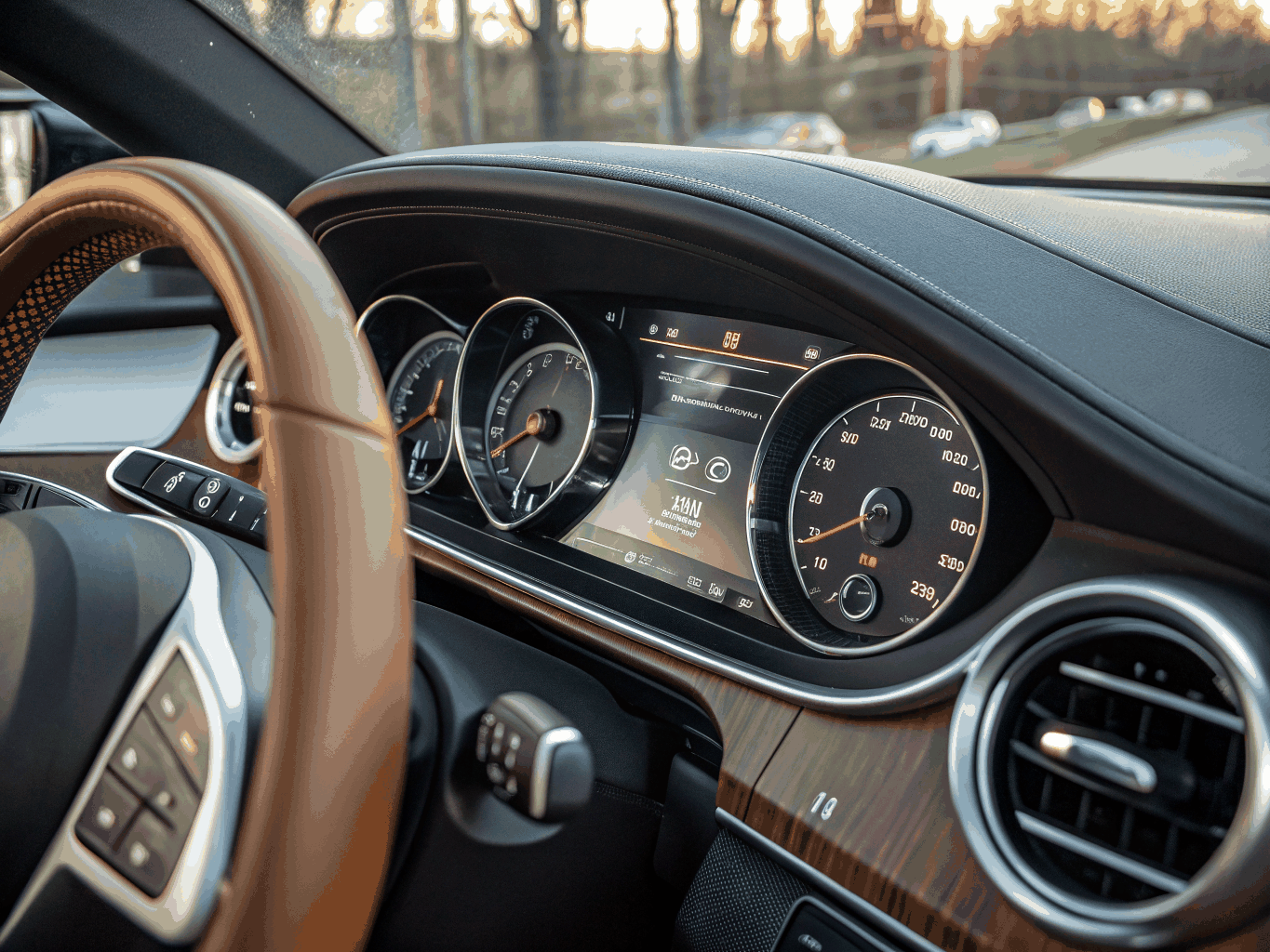 Dashboard gauges glowing against a fading horizon