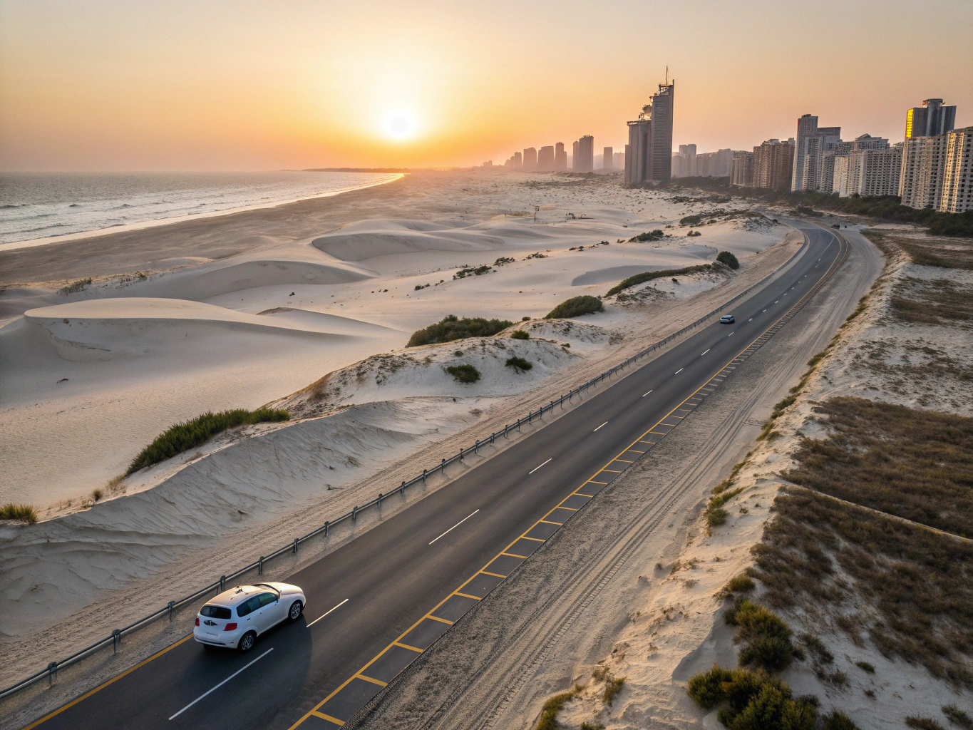 Wide view of a desert highway fading into distance