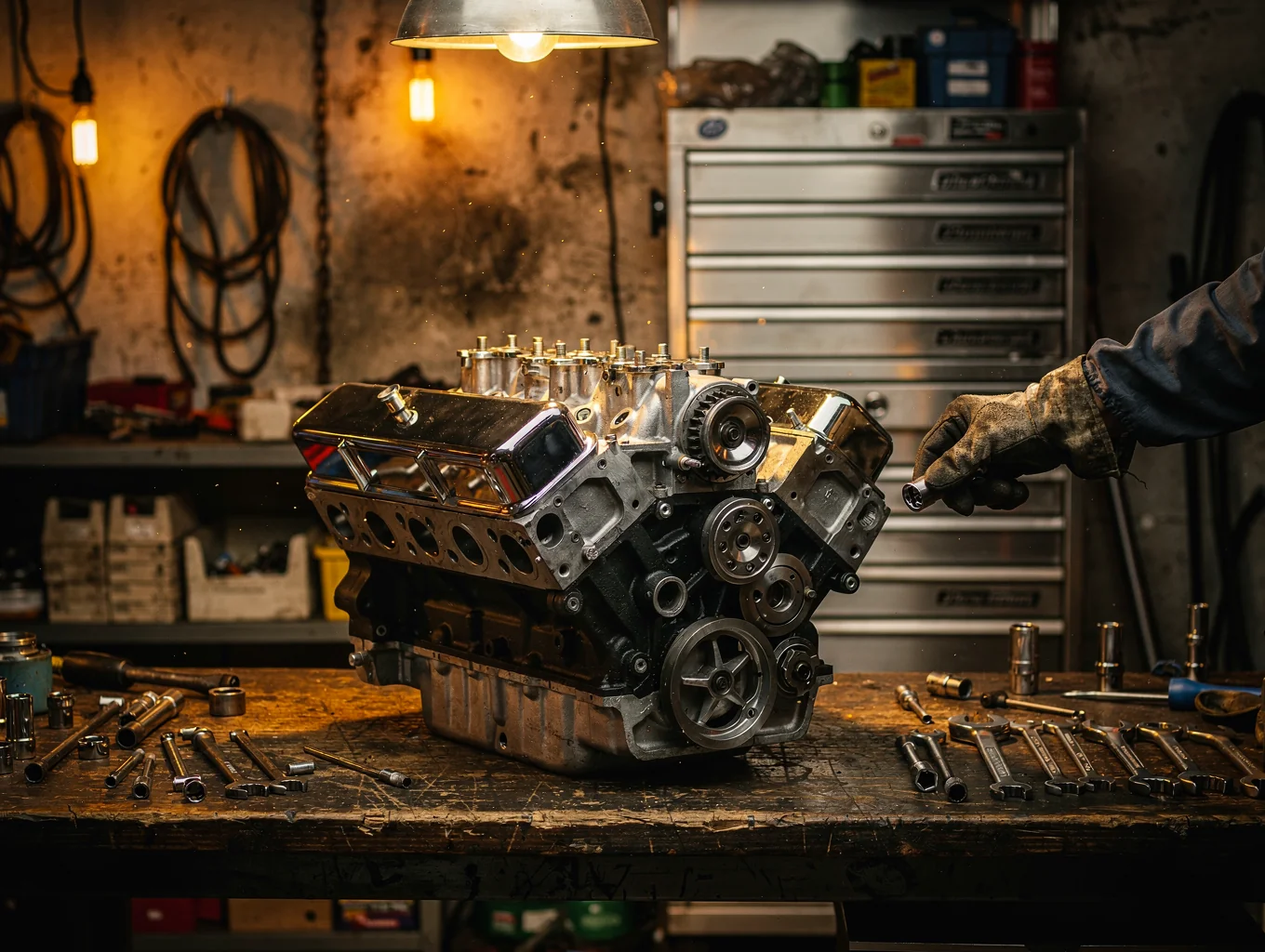 Detailed view of a classic engine block in garage