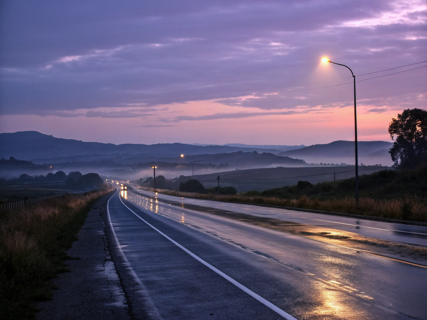 The road fading into the horizon at dusk