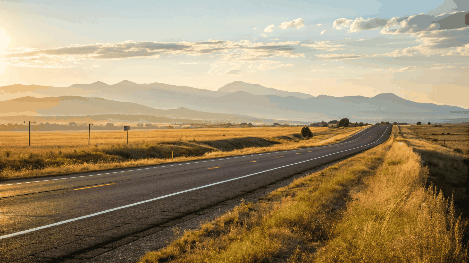 Open road fading into the horizon at dusk with dashboard glow