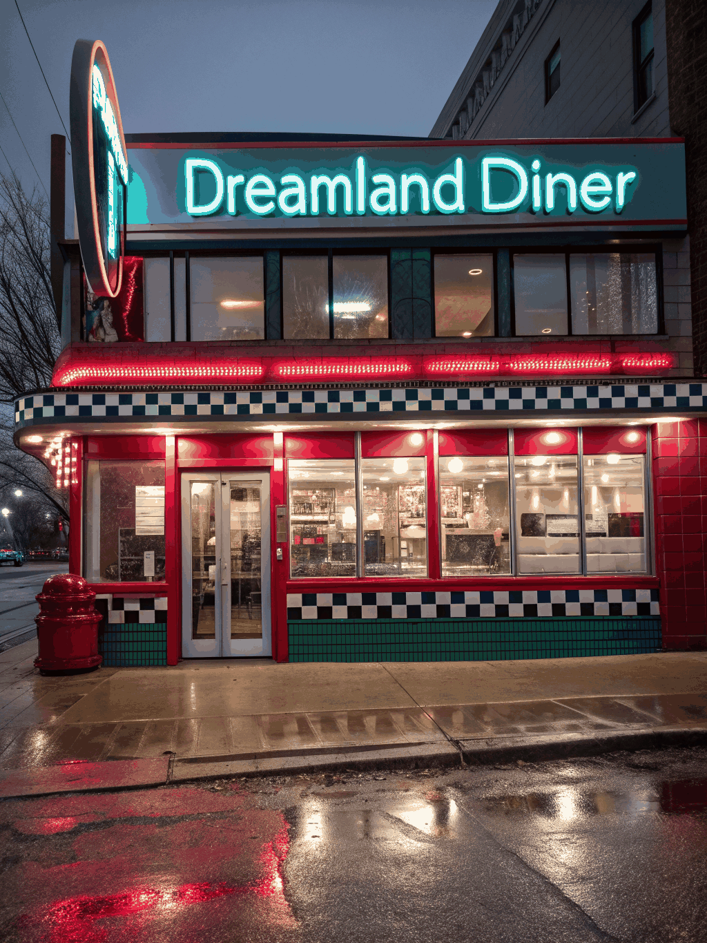 Flickering neon sign of a roadside diner at dusk