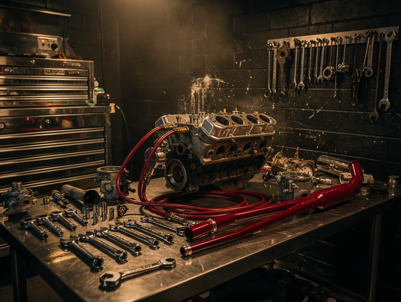 Vintage garage interior with warm lighting and open road atmosphere
