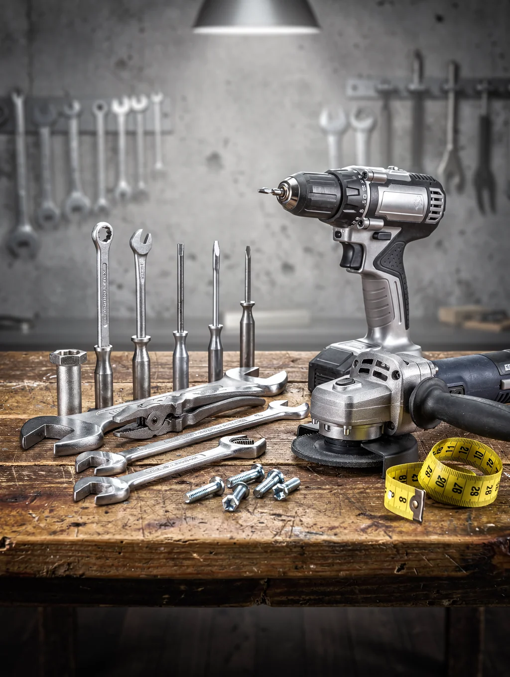 Vintage garage tools on a workbench
